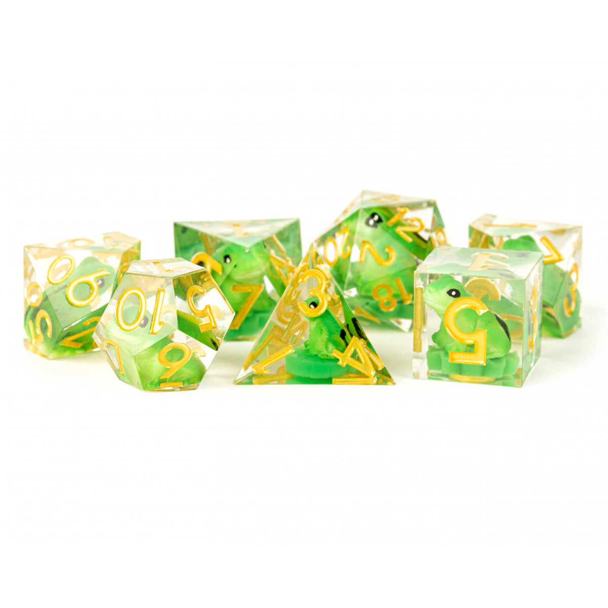 MDG Handcrafted Sharp Edge Resin Dice Set Frog Dice