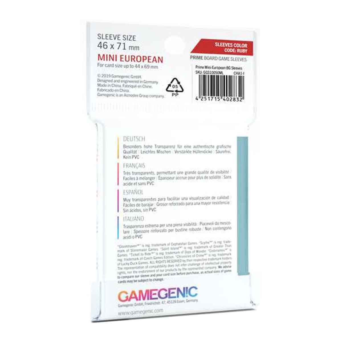 Gamegenic Prime Board Game Sleeves Mini European Sized 46mm x 71mm 50pc