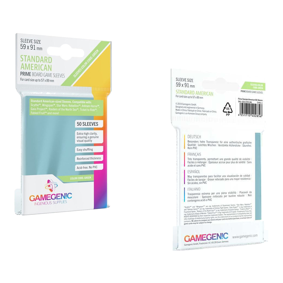 Gamegenic Prime Board Game Sleeves Standard American Sized 62mm x 94mm 50pc