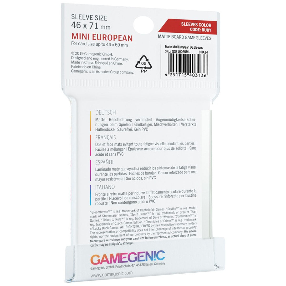 Gamegenic Matte Board Game Sleeves Mini European Sized 46mm x 71mm 50pc