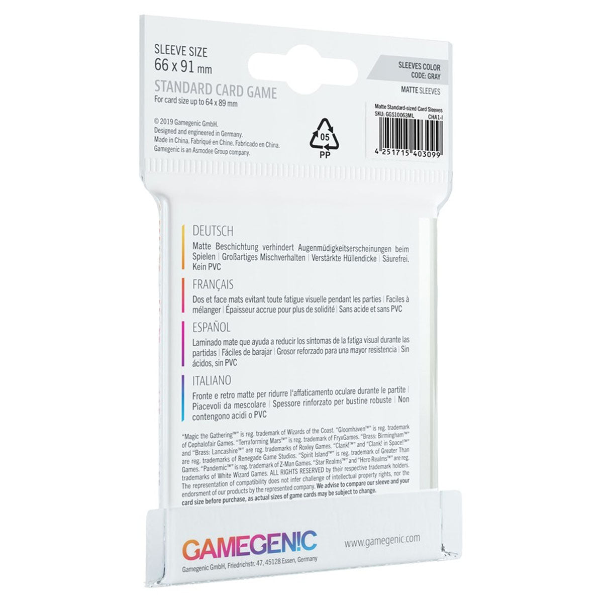 Gamegenic Matte Board Game Sleeves Standard Size 66mm x 91mm 50pc