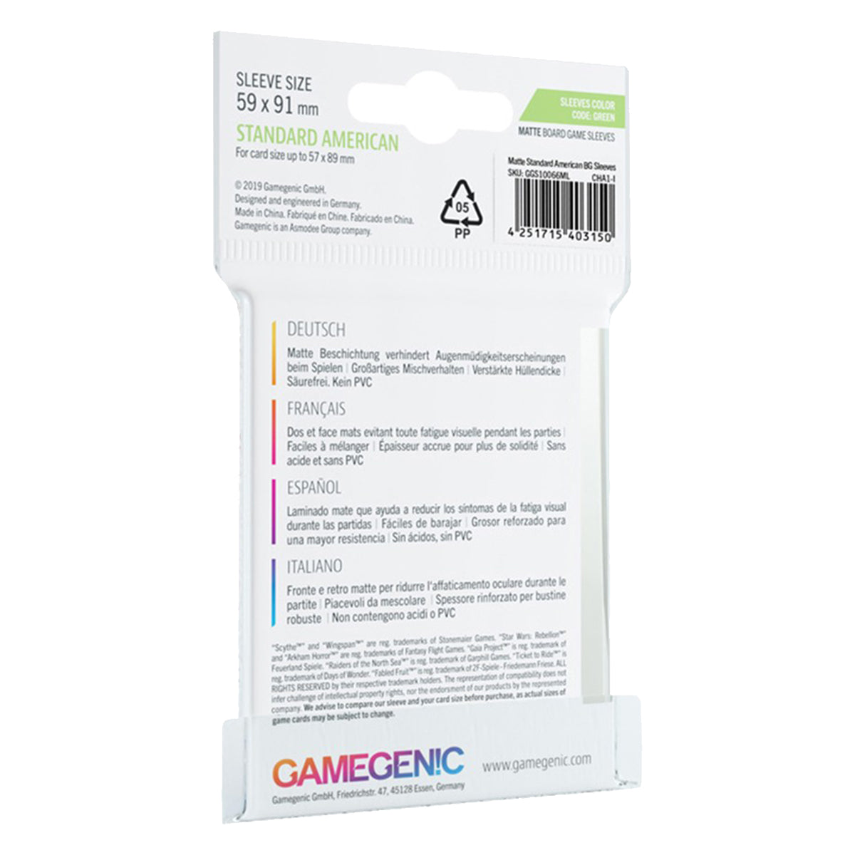 Gamegenic Matte Board Game Sleeves Standard American Sized 59mm x 91mm 50pc