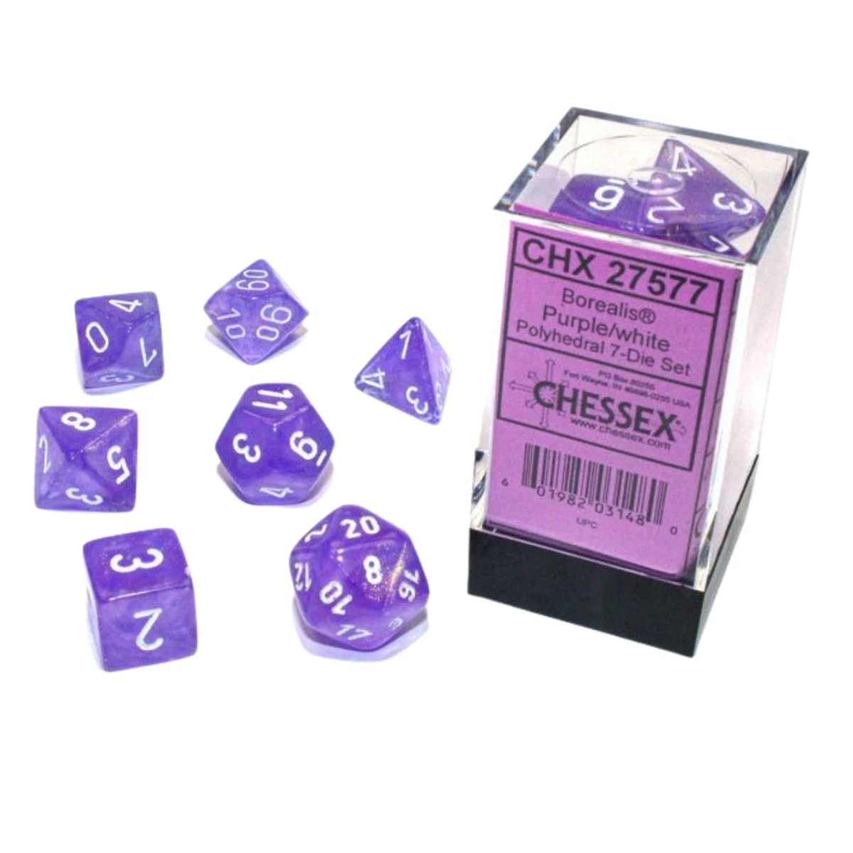 Chessex CHX 27577 Borealis Polyhedral Purple/White Luminary 7-Die Set