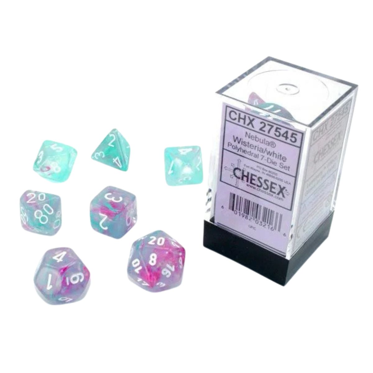 Chessex CHX 27545 Nebula Polyhedral Wisteria/White Luminary 7-Die Set