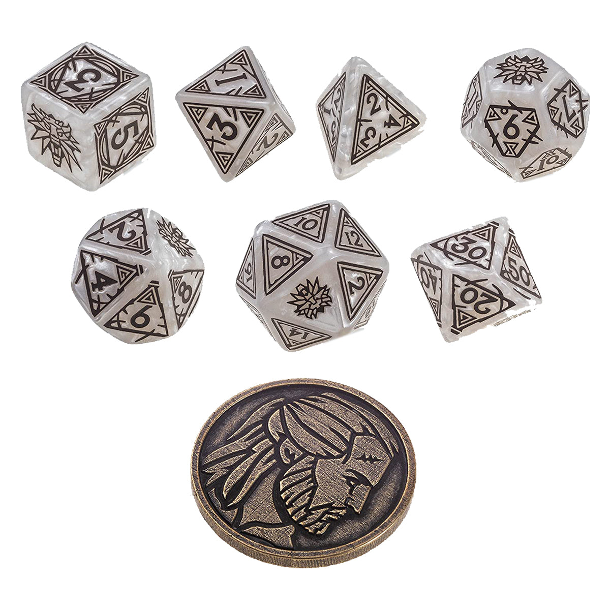 Q Workshop The Witcher Dice Set Geralt - The White Wolf Dice Set 7 with coin