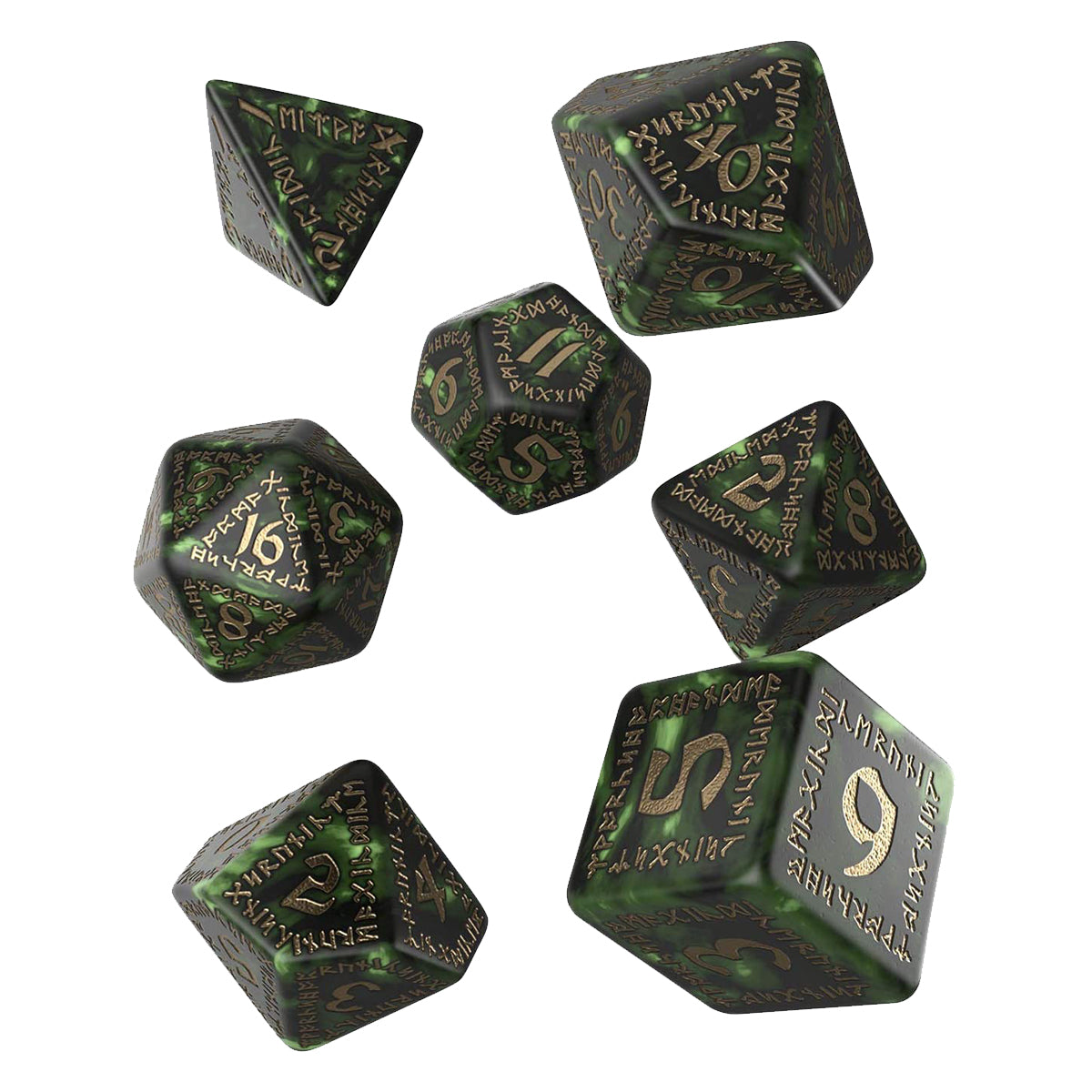 Q Workshop Runic Bottle Green and Gold Dice Set 7