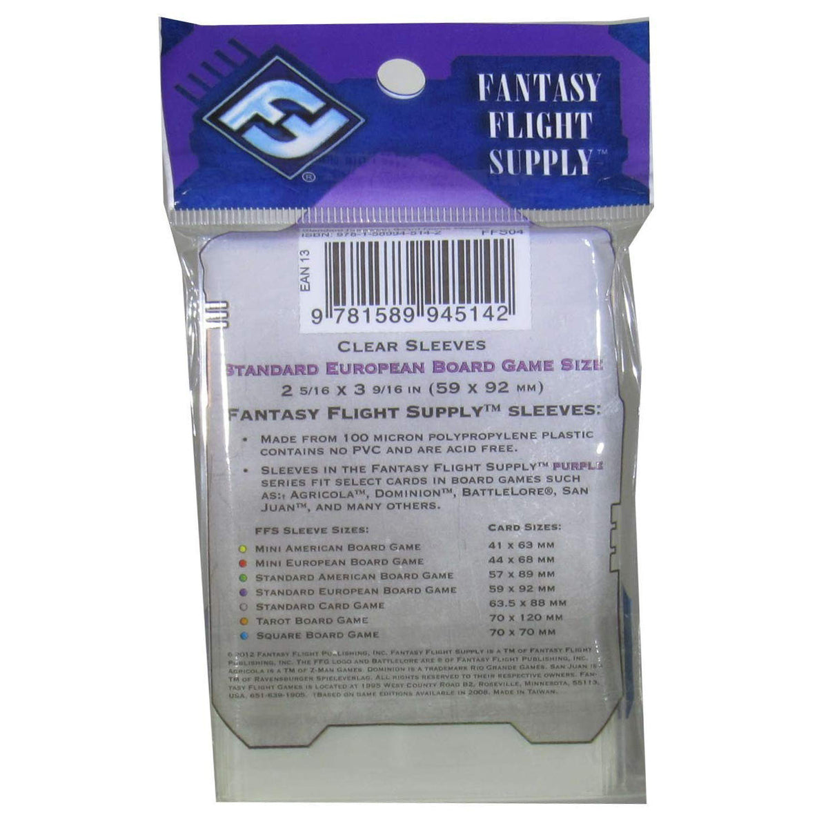 Fantasy Flight Games FFG Standard European Board Game Sleeves 50ct Clear 59 x 92 mm
