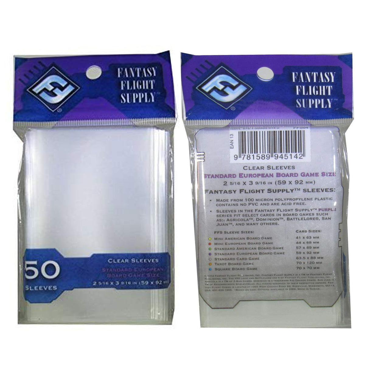 Fantasy Flight Games FFG Standard European Board Game Sleeves 50ct Clear 59 x 92 mm