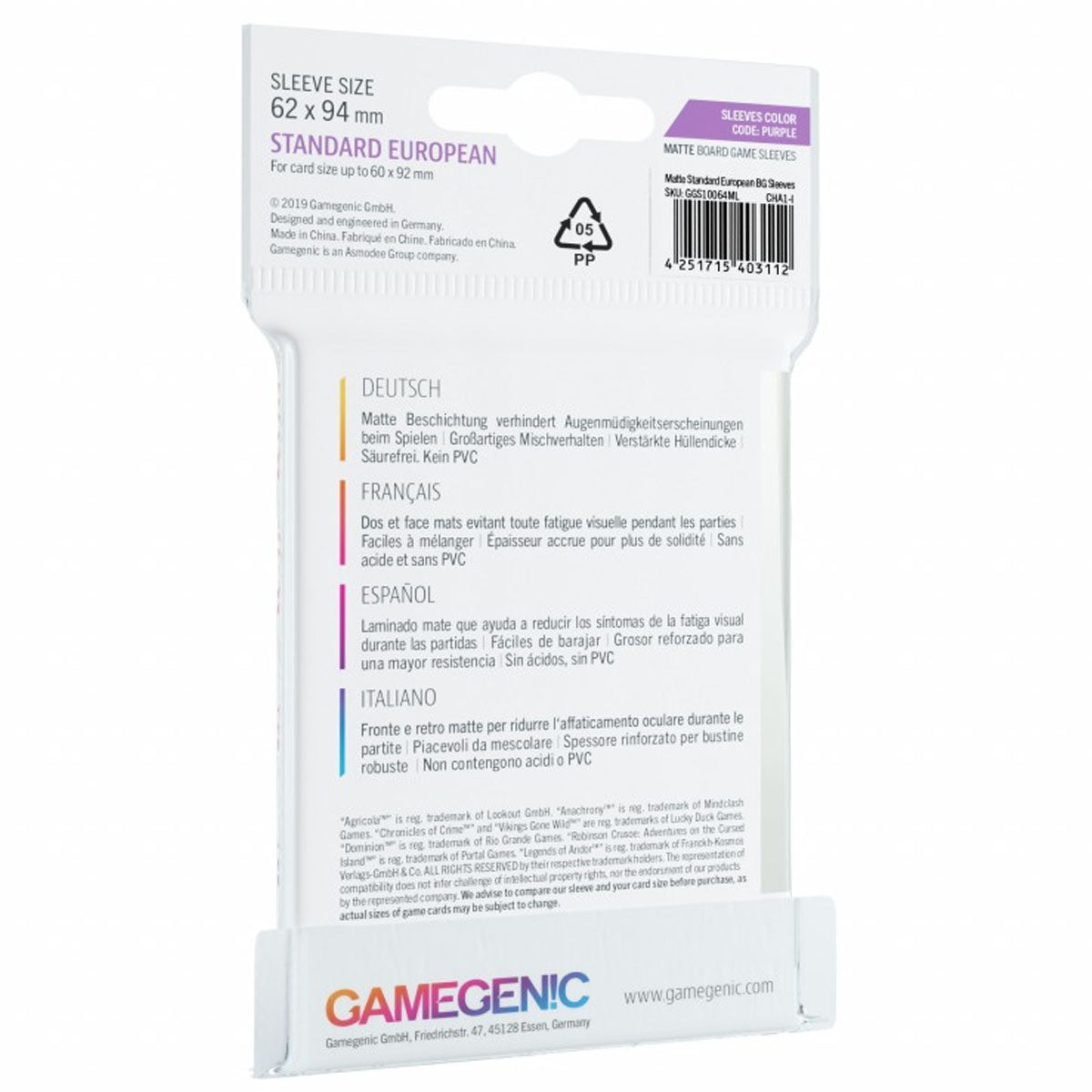 Gamegenic Matte Board Game Sleeves Standard European Sized 62mm x 94mm 50pc