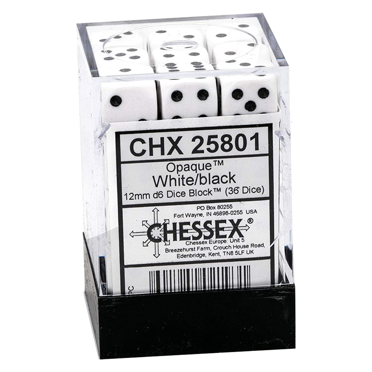 Chessex D6 Dice Opaque 12mm White/Black 36pcs