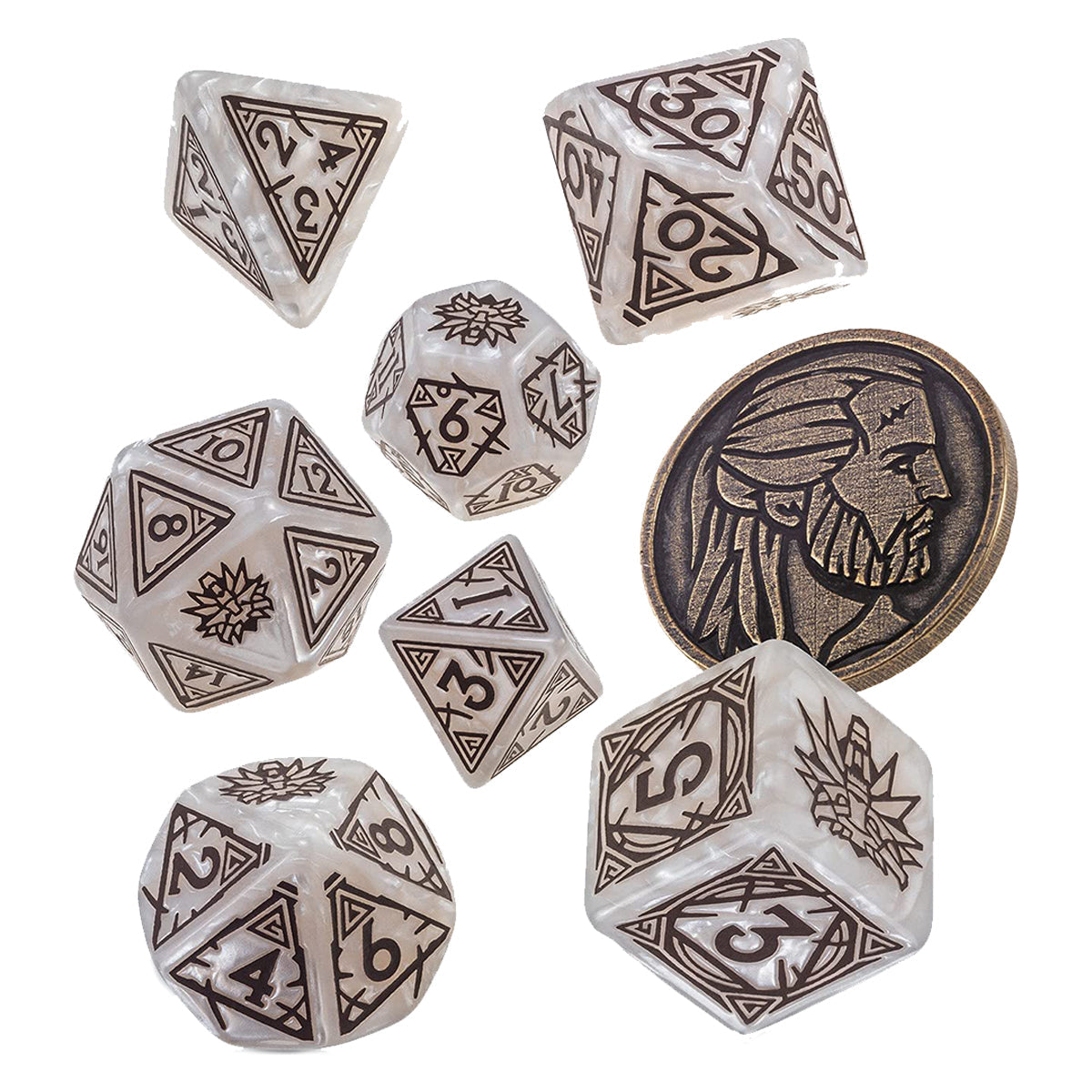 Q Workshop The Witcher Dice Set Geralt - The White Wolf Dice Set 7 with coin