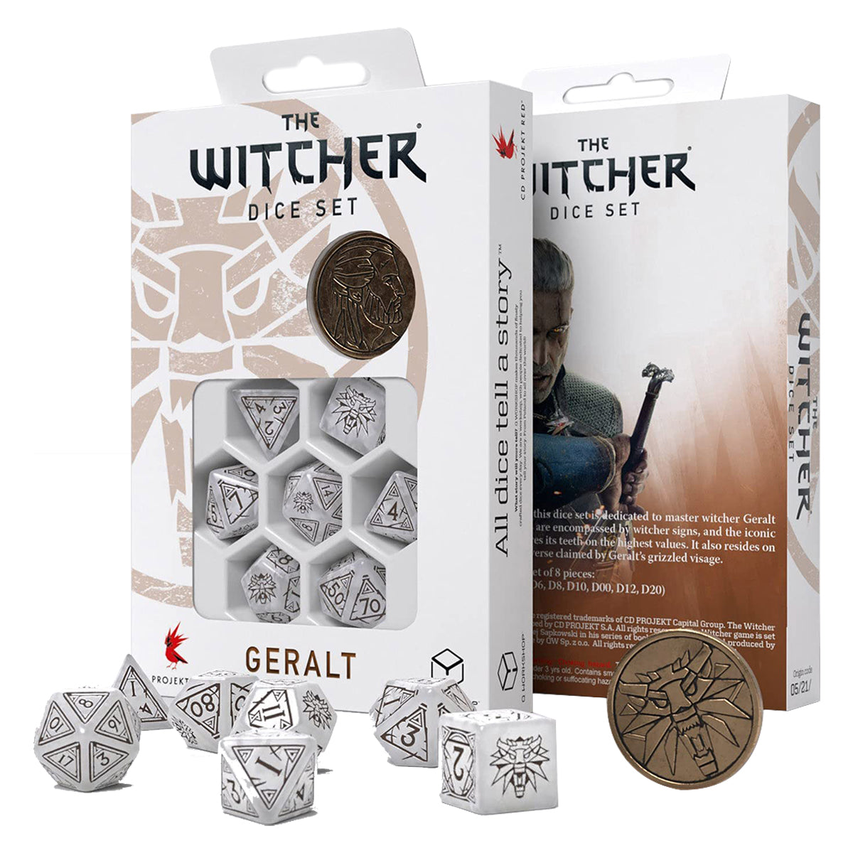 Q Workshop The Witcher Dice Set Geralt - The White Wolf Dice Set 7 with coin