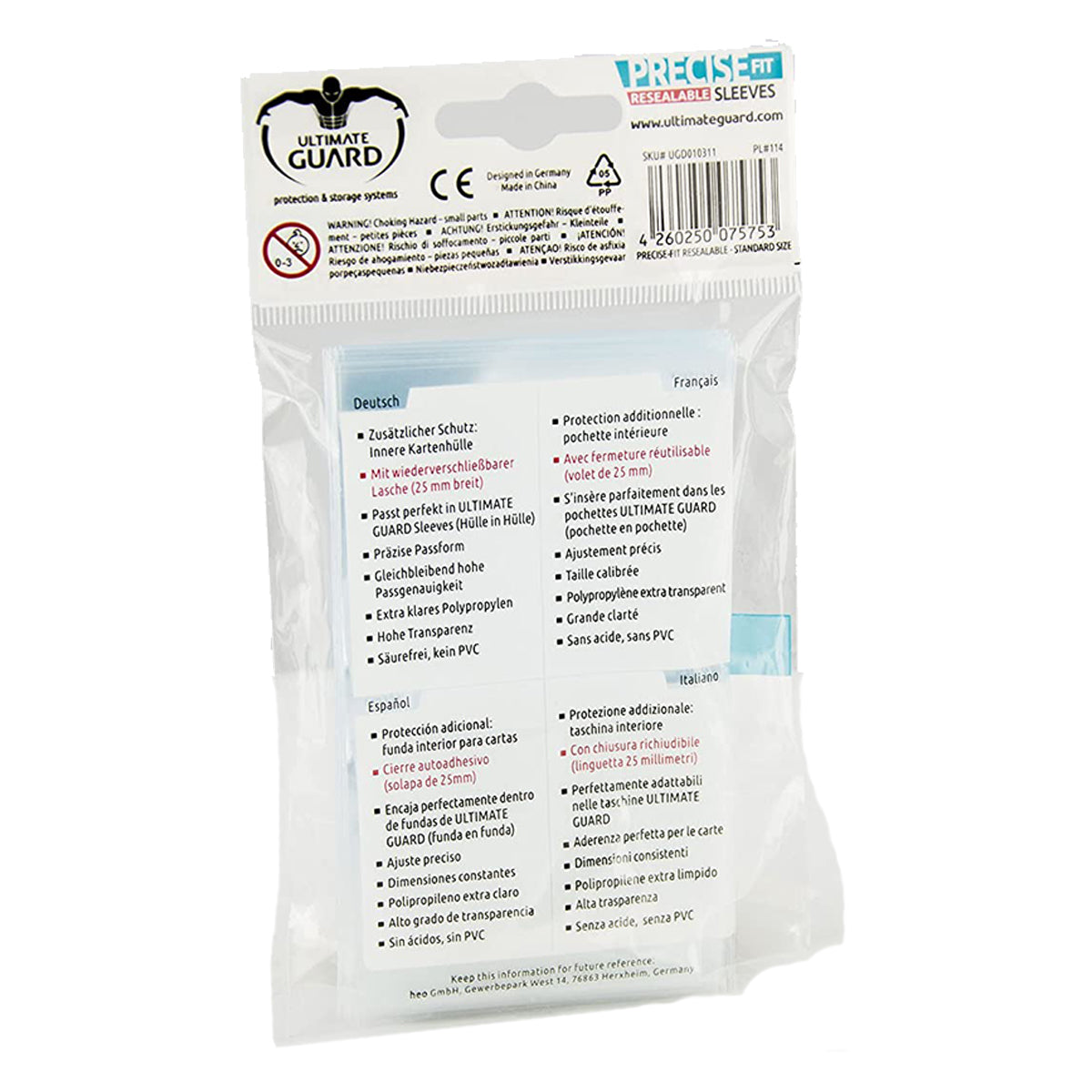 Ultimate Guard Precise-Fit Sleeves Resealable Standard Size Transparent 100ct