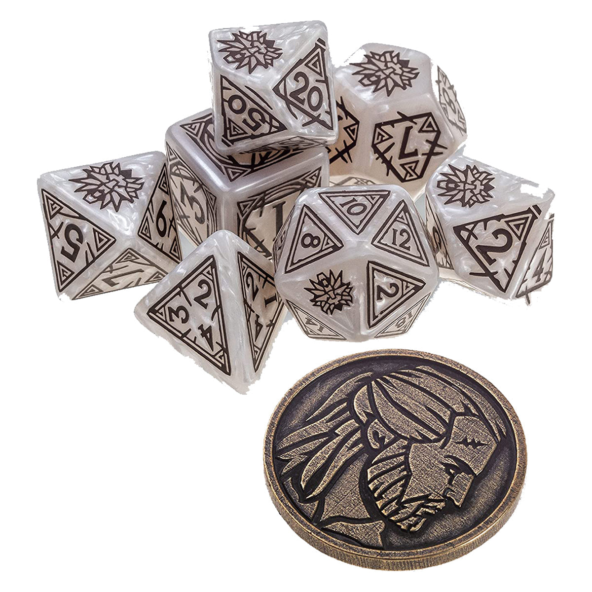 Q Workshop The Witcher Dice Set Geralt - The White Wolf Dice Set 7 with coin