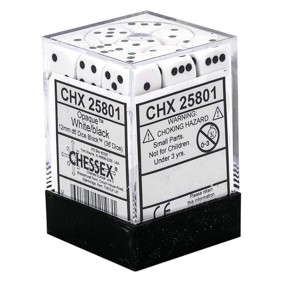 Chessex D6 Dice Opaque 12mm White/Black 36pcs