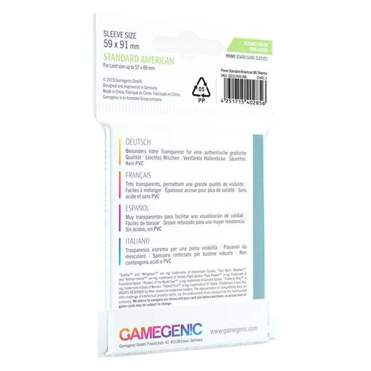 Gamegenic Prime Board Game Sleeves Standard American Sized 62mm x 94mm 50pc