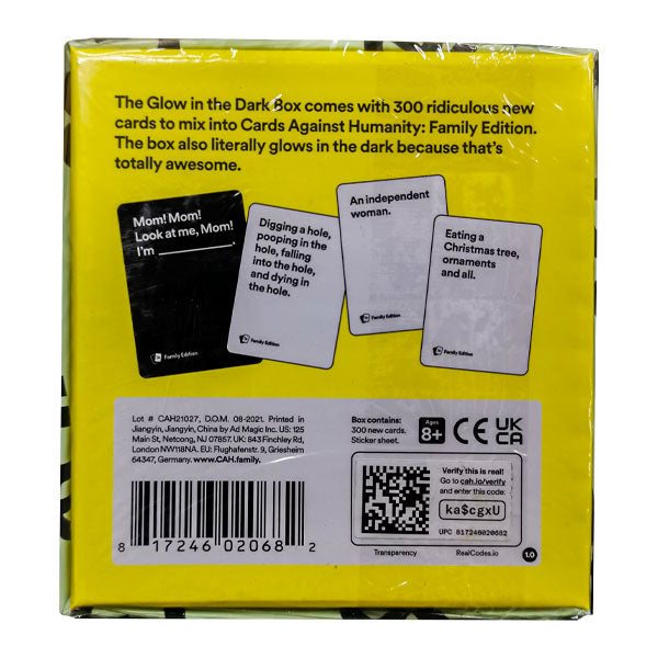 Cards Against Humanity Family Edition First Expansion Glow In The Dark Box