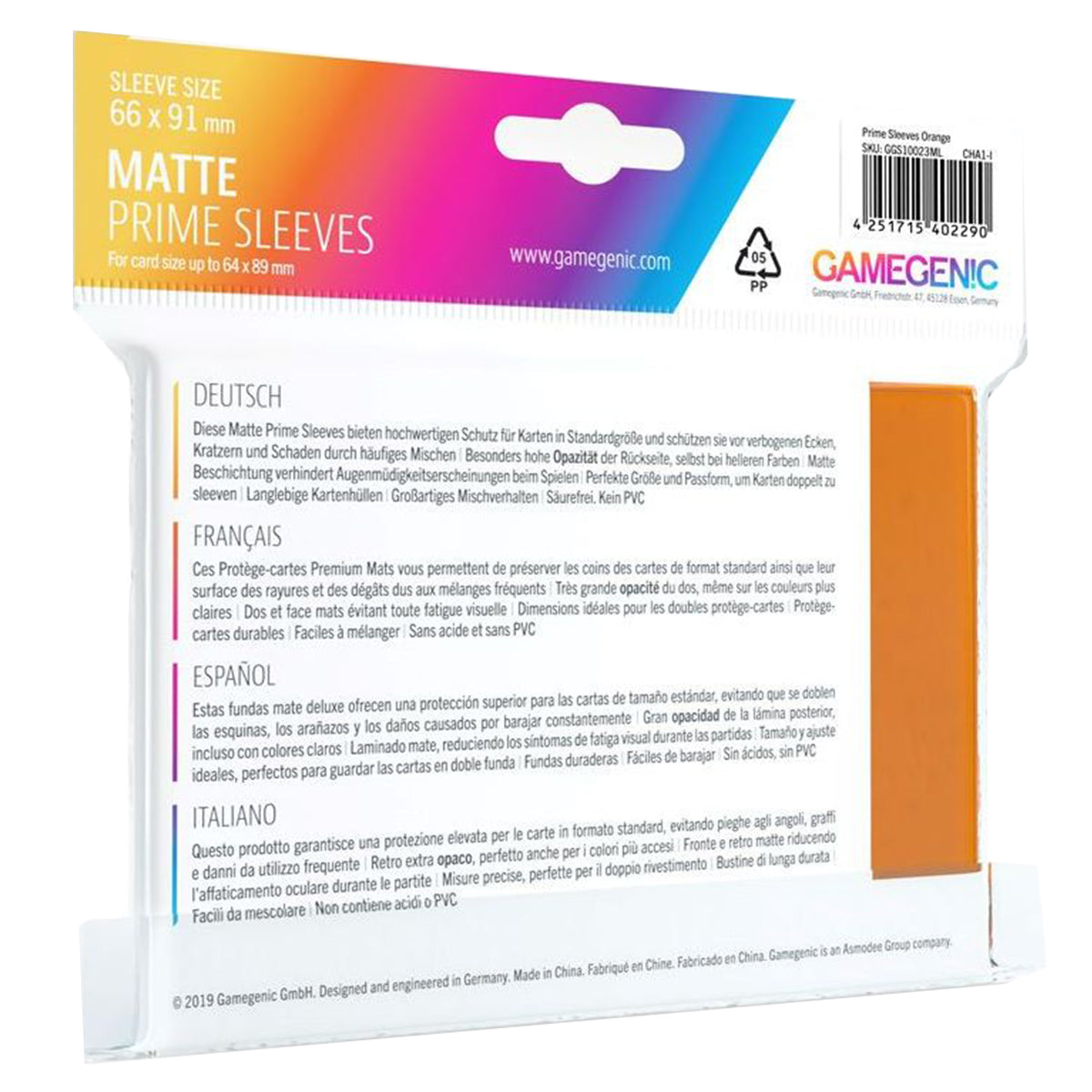 Gamegenic Matte Prime Card Sleeves Orange (66mm x 91mm) (100 Sleeves Per Pack)
