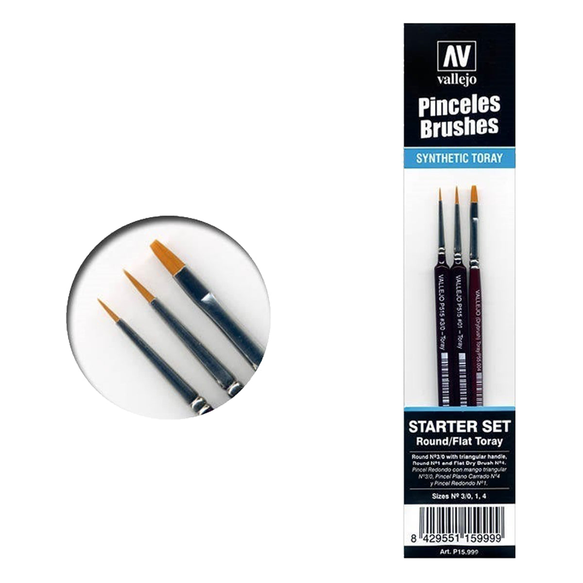 Vallejo Brushes 3pc Brush Starter Set Round No.S 1 Y 3/0-Flat No.4