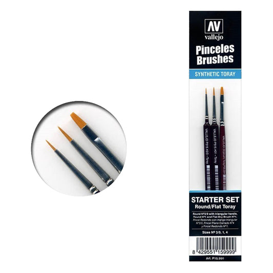 Vallejo Brushes 3pc Brush Starter Set Round No.S 1 Y 3/0-Flat No.4