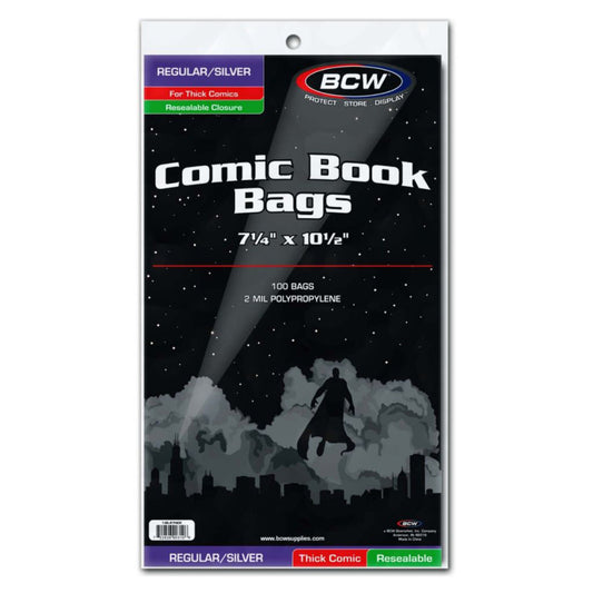 BCW Comic Book Bags Resealable Regular/Silver Age Comic Books Thick (7" 1/4 x 10" 1/2) (100 Bags Per Pack)