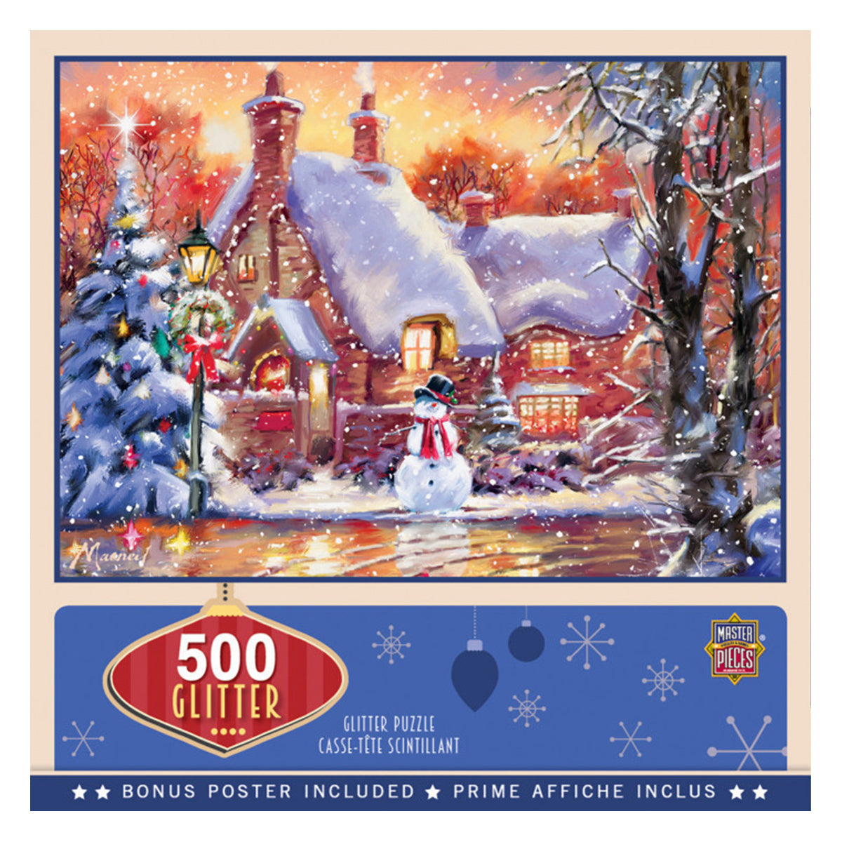 Masterpieces Puzzle Holiday Glitter Snowman Cottage Puzzle 500 pieces