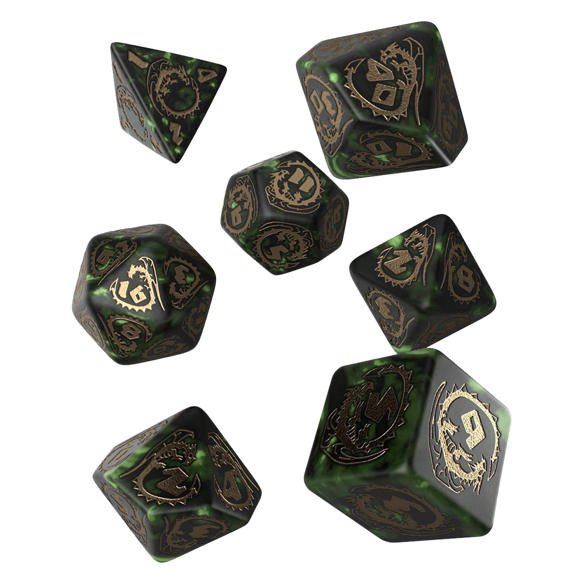 Q Workshop Dragon Bottle Green Gold Dice Set 7
