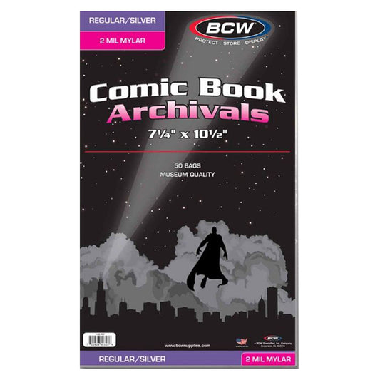 BCW Comic Book Mylar Bags Regular and Silver Age Comics 2 MIL 7" 1/4 x 10" 1/2 50 Bags Per Pack