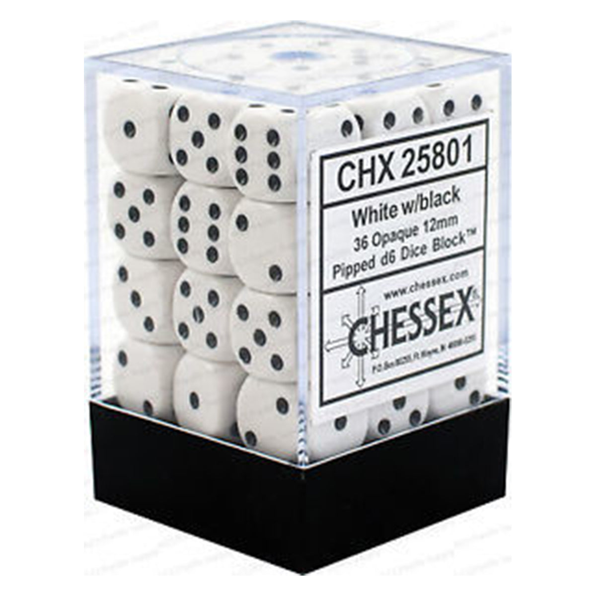 Chessex D6 Dice Opaque 12mm White/Black 36pcs