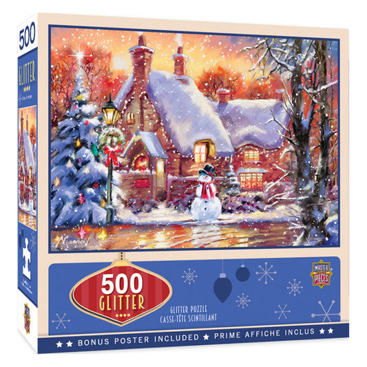 Masterpieces Puzzle Holiday Glitter Snowman Cottage Puzzle 500 pieces
